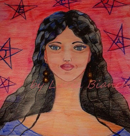 Tecla. Disegno e pittura con matite su carta.Orecchini applicati, realizzati in creta dipinta. 2018