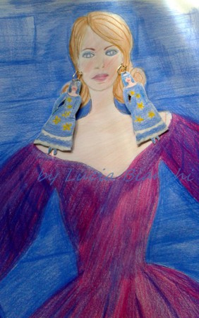 Greta, 2019. Disegno e pittura su carta. Matite.Orecchini applicati, realizzati in cartoncino dipinto.